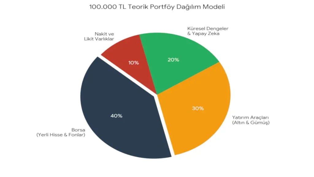 100.000 TL nasıl değerlendirilir ? sermaye için borsa, altın, gümüş ve yapay zeka fonları içeren teorik yatırım portföyü dağılım grafiği