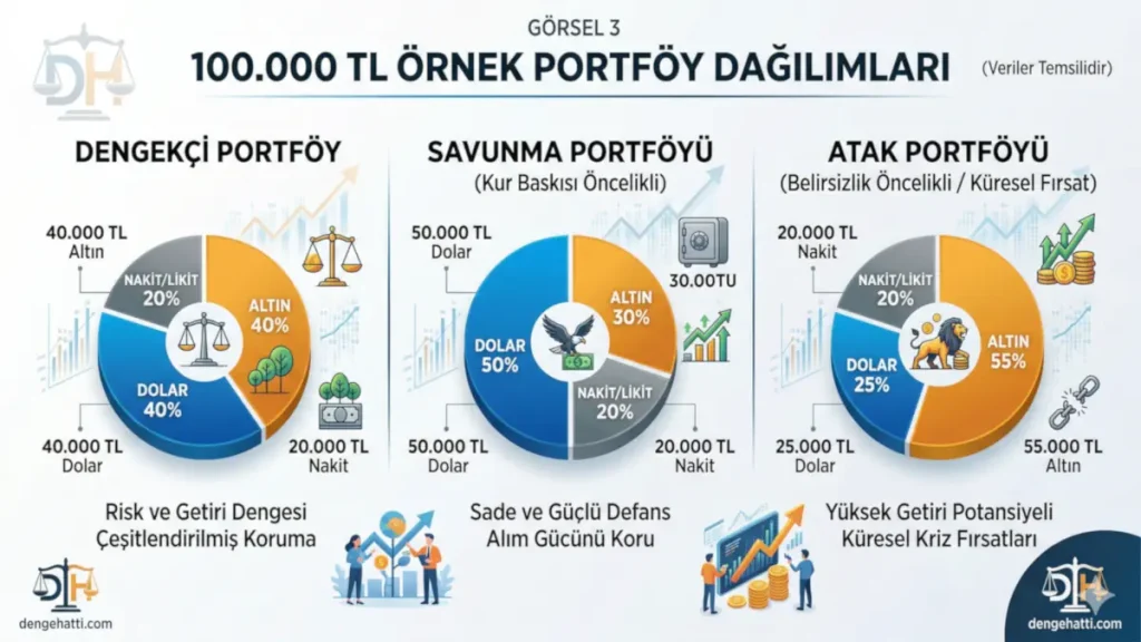 100.000 TL için dengeci, savunma ve atak yatırım portföyü dağılımları. Altın, dolar ve nakit oranlarını gösteren örnek portföy sepeti pasta grafikleri