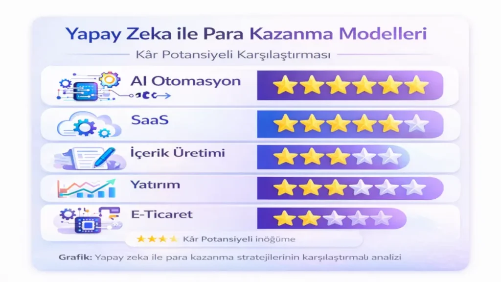 Yapay zeka ile para kazanmak yöntemleri karşılaştırması: AI otomasyon, SaaS, içerik üretimi, yatırım ve e-ticaret modellerinin kâr potansiyeli analizi grafiği
