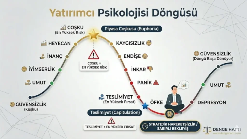 Yatırımcı psikolojisi döngüsü ve piyasa dalgalanmalarında duygusal tepkiler grafiği