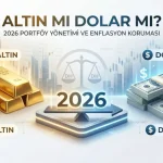 Altın külçeleri ve dolar banknotlarının bir denge terazisinde karşılaştırıldığı, 2026 yılı enflasyondan korunma ve portföy yönetimi stratejilerini temsil eden Denge Hattı yatırım rehberi kapak görseli