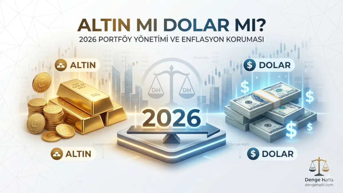 Altın külçeleri ve dolar banknotlarının bir denge terazisinde karşılaştırıldığı, 2026 yılı enflasyondan korunma ve portföy yönetimi stratejilerini temsil eden Denge Hattı yatırım rehberi kapak görseli