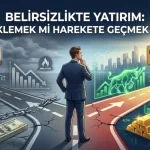 Belirsizlik dönemlerinde yatırım stratejisi: Nakitte beklemek ve yatırıma girmek arasındaki tercihi simgeleyen profesyonel illüstrasyon