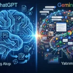ChatGPT vs Gemini Karşılaştırması: Sol tarafta iş akışını temsil eden ChatGPT sinir ağı, sağ tarafta borsa ve yatırımları analiz eden renkli Gemini ekosistemi