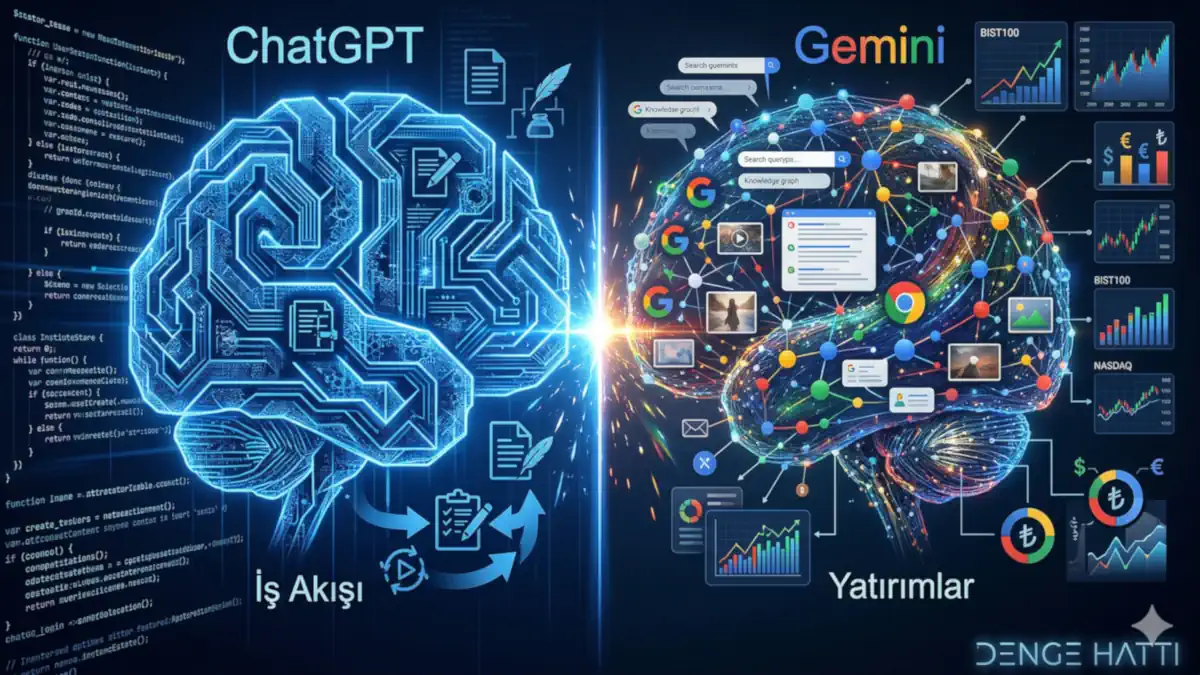 ChatGPT vs Gemini Karşılaştırması: Sol tarafta iş akışını temsil eden ChatGPT sinir ağı, sağ tarafta borsa ve yatırımları analiz eden renkli Gemini ekosistemi