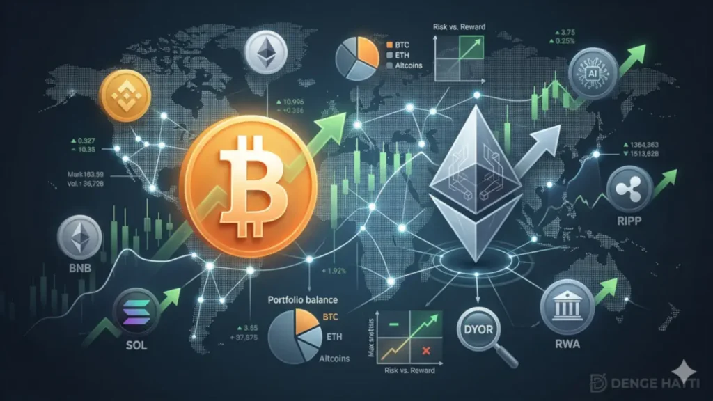 Kripto para piyasası analizi grafiği: Bitcoin ve Ethereum fiyat trendleri, altcoin portföy dağılımı ve kripto yatırımı risk analizi metriklerini gösteren kapsamlı bir veri görselleştirmesi. Sağ alt köşede 'Denge Hattı' filigranı yer alıyor.