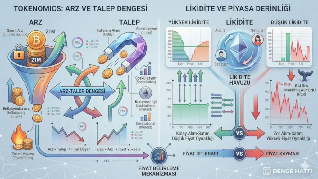 Kripto para tokenomics yapısı: Arz-talep dengesi, token yakımı ve piyasa likiditesinin (derinlik) kripto fiyatlarına etkisini detaylandıran analitik infografik.