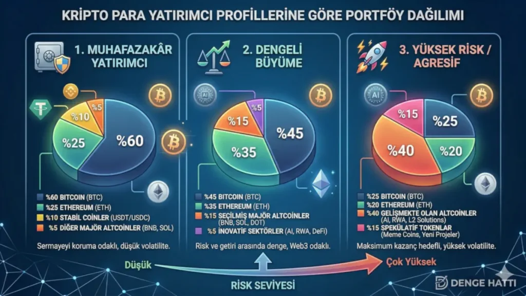 Kripto para yatırımcı profillerine göre portföy dağılımı: Muhafazakâr, dengeli ve yüksek riskli yatırım stratejilerine uygun Bitcoin, Ethereum ve altcoin sepeti pasta grafikleri.