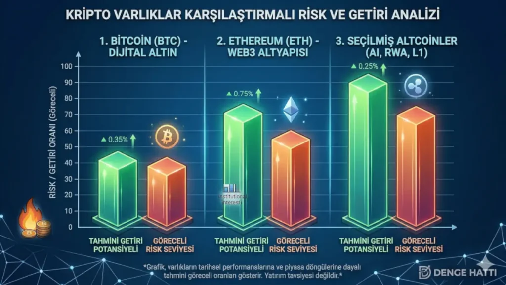 Kripto varlıklar karşılaştırmalı risk ve getiri analizi: Bitcoin (BTC), Ethereum (ETH) ve seçilmiş altcoinlerin (AI, RWA) yatırım potansiyellerini ve görece risk seviyelerini gösteren bar grafiği. hangi coin alınmalı
