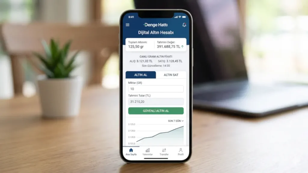 Fiziki altın mı banka altını mı ? Mobil bankacılık uygulamasından güvenli dijital altın alış-satış işlemlerini gösteren arayüz ekranı