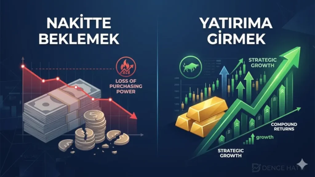 Belirsizlik dönemlerinde yatırım yapmanın ve nakitte beklemenin portföy üzerindeki uzun vadeli etkilerini gösteren karşılaştırmalı grafik