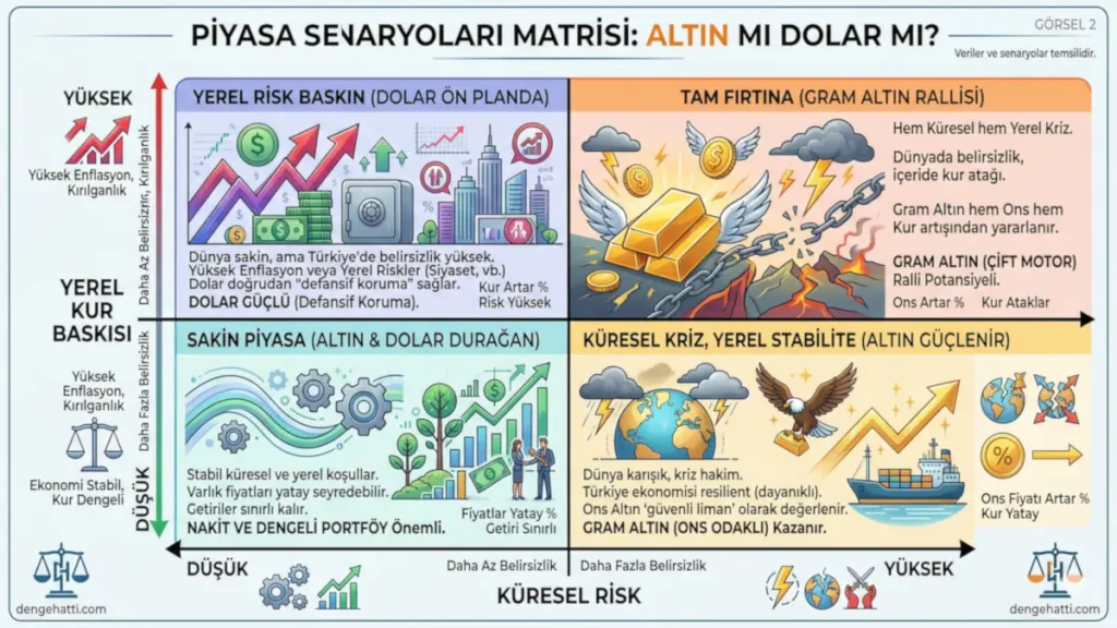 Dört çeyrekli piyasa senaryoları matrisi. Küresel risk ve yerel kur baskısına göre altın mı dolar mı ? hangi ekonomik koşullarda öne çıktığını gösteren stratejik yatırım analizi tablosu