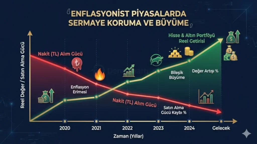 Enflasyonist piyasalarda nakit paranın satın alma gücündeki düşüşü ve hisse, altın gibi varlıkların getirisini gösteren çizgi grafik