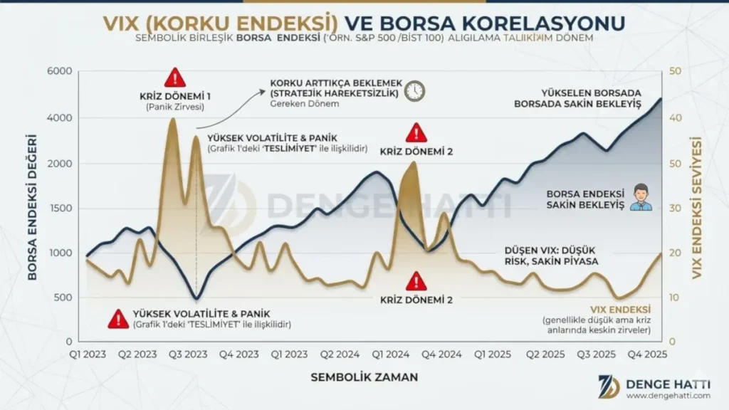 VIX korku endeksi yükselirken piyasalarda işlem yapmanın taşıdığı riskleri gösteren analiz grafiği.