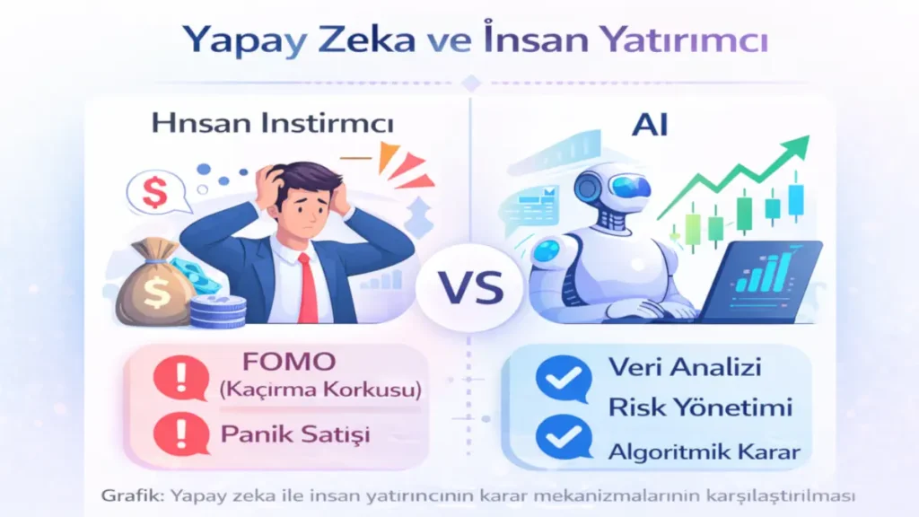 Yapay zeka ve insan yatırımcı karşılaştırması: FOMO, panik satışı ve duygusal kararlar ile veri analizi, risk yönetimi ve algoritmik yatırım farkı