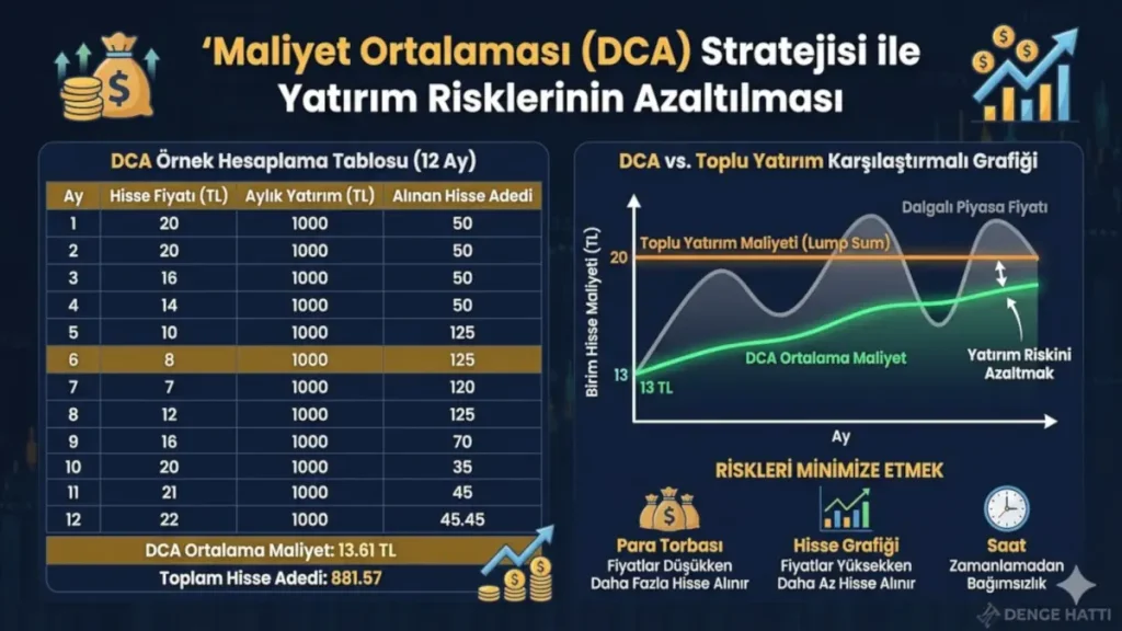 Maliyet ortalaması (DCA) stratejisi ile dalgalı piyasalarda yatırım risklerinin nasıl minimize edildiğini anlatan örnek tablo grafik