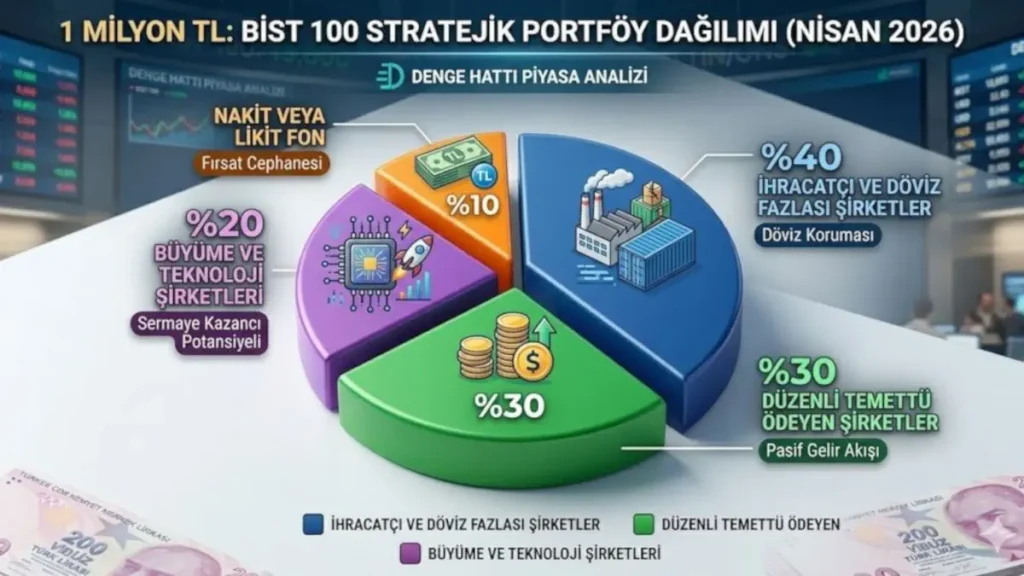 1 milyon TL sermaye için BİST 100 odaklı; ihracatçı şirketler, temettü hisseleri, büyüme odaklı teknoloji firmaları ve nakit oranlarını gösteren stratejik 3D portföy dağılımı pasta grafiği.