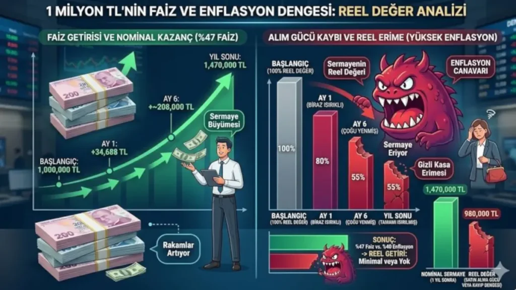 1 milyon TL'nin %47 mevduat faizi ile nominal büyümesini ve yüksek enflasyon karşısında alım gücünün nasıl eridiğini gösteren reel getiri analizi grafiği.