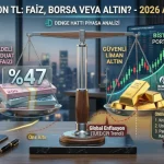 1 milyon TL nereye yatırılır? Modern bir ofis masasında duran terazi üzerinde %47 mevduat faizi, BİST 100 borsa grafiği ve altın külçelerinin karşılaştırıldığı Denge Hattı yatırım analizi kapak görseli.