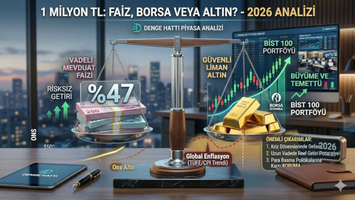 1 milyon TL nereye yatırılır? Modern bir ofis masasında duran terazi üzerinde %47 mevduat faizi, BİST 100 borsa grafiği ve altın külçelerinin karşılaştırıldığı Denge Hattı yatırım analizi kapak görseli.