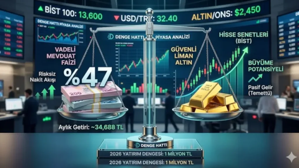 1 milyon TL nereye yatırılır? %47 mevduat faizi, BİST 100 hisse senetleri ve altın getirilerini karşılaştıran yatırım terazisi grafiği.