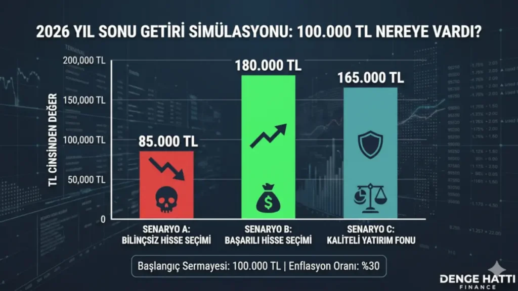 100 Bin TL yatırım için hisse senedi ve TEFAS yatırım fonu 2026 yılı getiri simülasyonu ve karşılaştırma tablosu.
