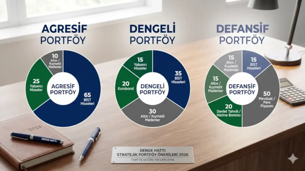 2026 yılı için agresif, dengeli ve defansif risk profillerine göre hazırlanmış; hisse senedi, altın, eurobond ve para piyasası fon oranlarını gösteren stratejik portföy dağılım grafiği.
