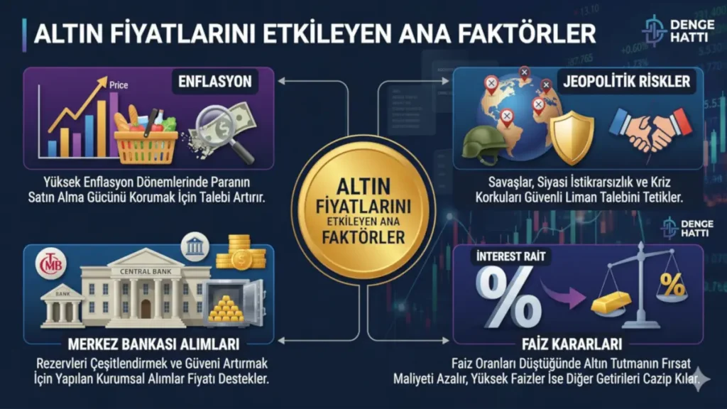 2026 yılında altın fiyatlarını yönlendiren temel faktörleri; enflasyon oranları, jeopolitik riskler, merkez bankası alımları ve faiz kararlarını detaylandıran kurumsal finansal infografik.