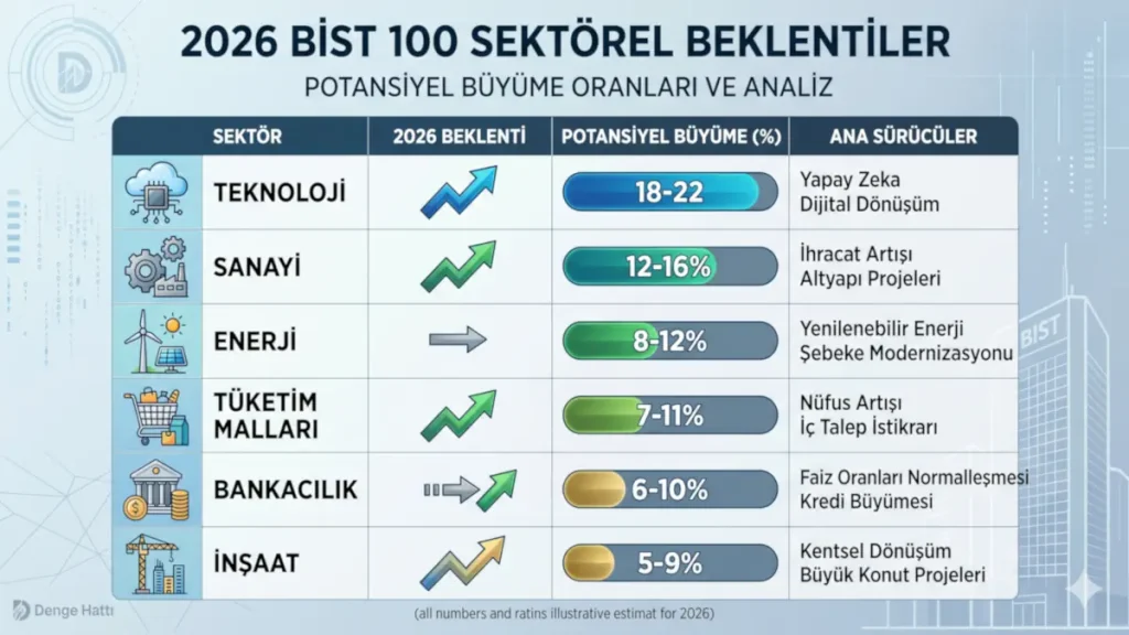 2026 en mantıklı yatırım hedefleri doğrultusunda Borsa İstanbul (BİST 100) sektörel beklentiler, potansiyel büyüme oranları ve öne çıkan sektörler tablosu