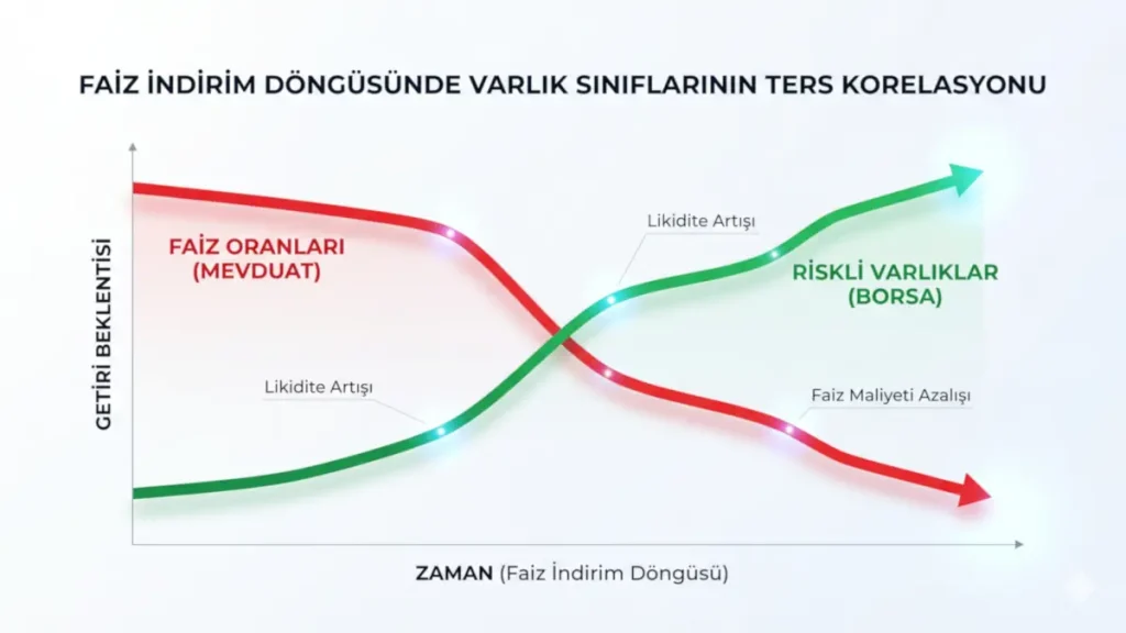2026 en mantıklı yatırım analizinde, düşen mevduat faizleri ile borsa gibi riskli varlıkların yükselişi arasındaki ters korelasyonu gösteren bilgi grafiği.