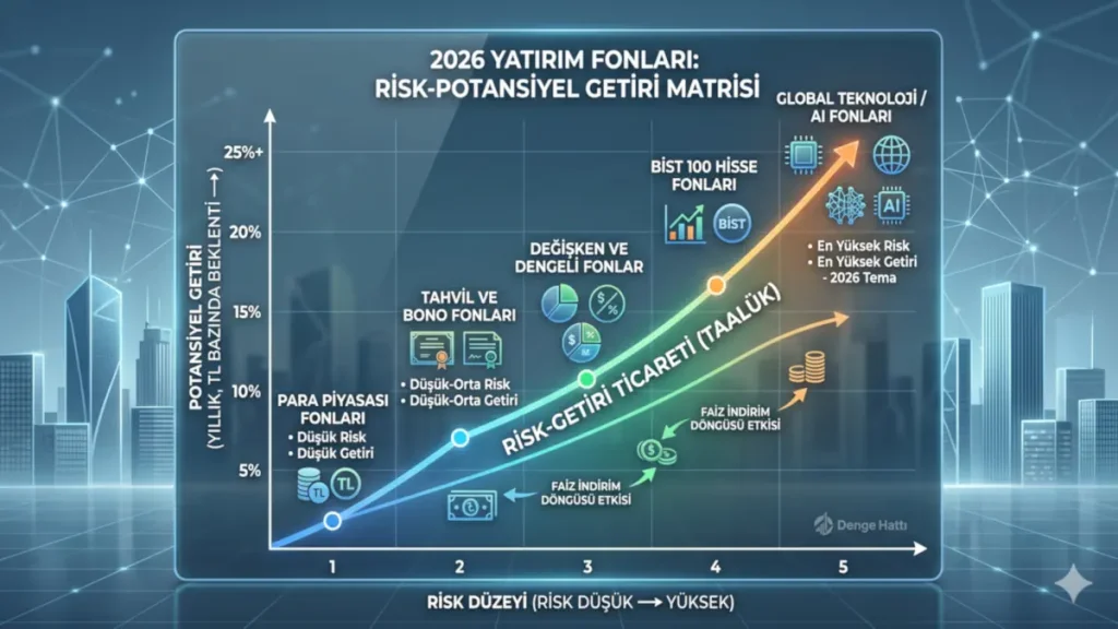 2026 en mantıklı yatırım stratejisi arayanlar için TEFAS yatırım fonu türlerinin risk ve potansiyel getiri oranlarını karşılaştıran analiz matrisi.