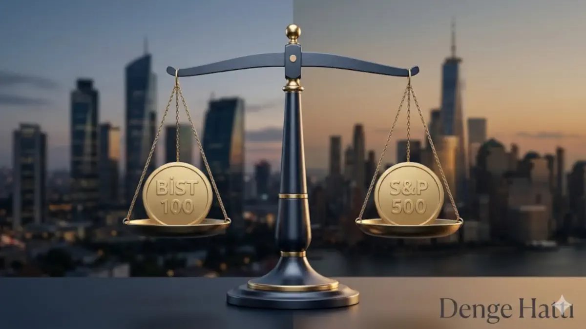 2026 hisse senedi portföyü oluştururken BİST 100 ve S&P 500 piyasalarını karar terazisinde karşılaştıran Denge Hattı konsept görseli