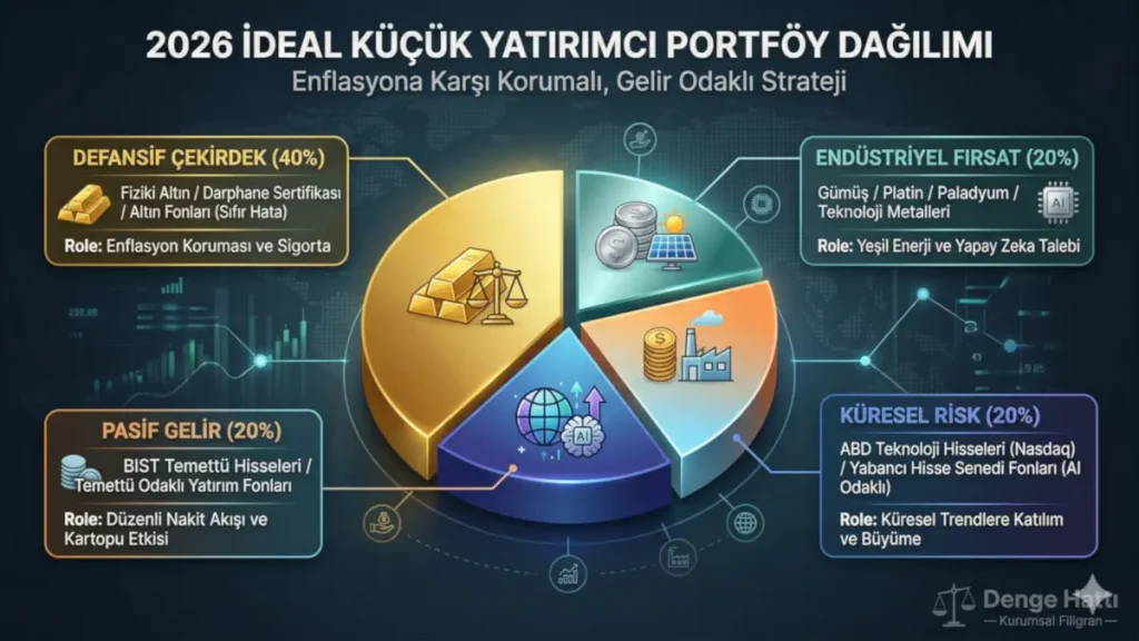 Defansif çekirdek, endüstriyel fırsat, pasif gelir ve küresel risk segmentlerinden oluşan 2026 ideal yatırımcı portföy dağılımı pasta grafiği.