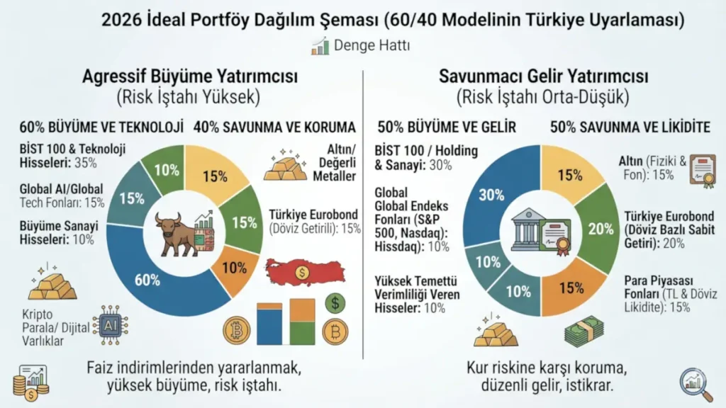 2026 yılı için ideal portföy dağılımını ve 60/40 yatırım modelinin Türkiye piyasalarına uyarlanmış şeması