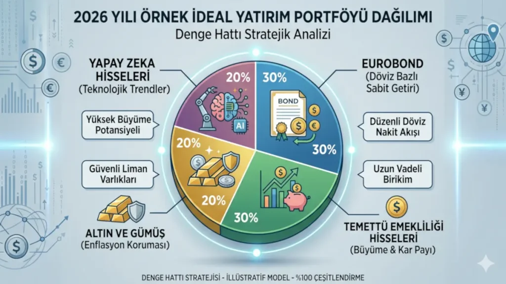 2026 yılı için örnek ideal yatırım portföyü dağılım pastası. %30 Eurobond, %30 Temettü Hisseleri, %20 Altın ve %20 Yapay Zeka hisselerinden oluşan risk dengeli finansal sepet grafiği.