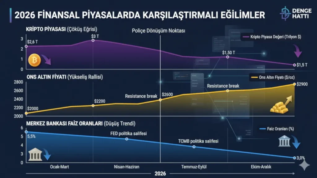 2026 yılı kripto para piyasası çöküş eğrisi, ons altın yükseliş rallisi ve düşen merkez bankası faiz oranlarını gösteren karşılaştırmalı finansal analiz grafiği.