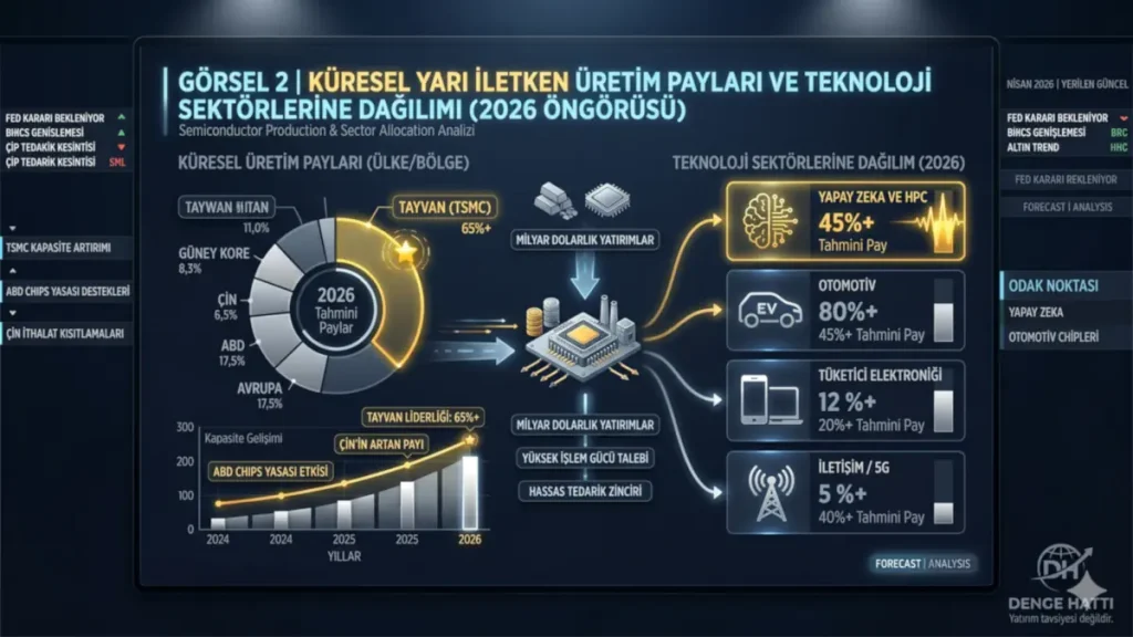 2026 Küresel yarı iletken çip üretim payları ve yapay zeka teknolojilerine dağılım grafiği