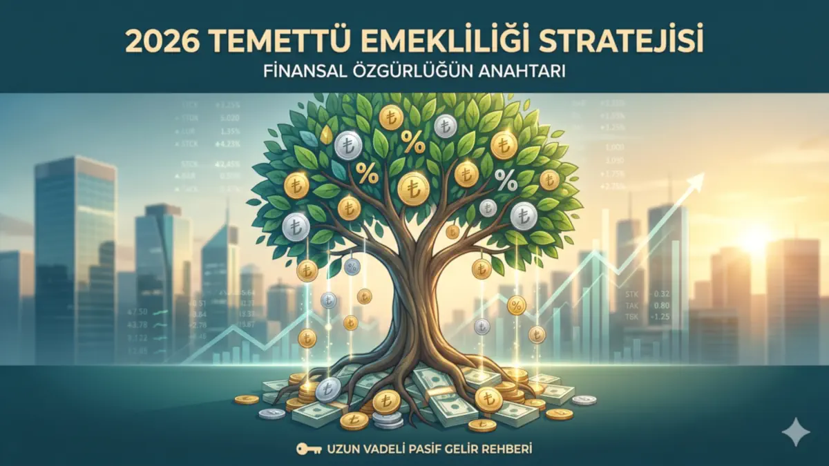 2026 Temettü Emekliliği Stratejisi infographic kapağı; Türk Lirası madeni paralar ve banknotlar üzerinde yükselen, ₺ ve % simgeli bir para ağacı