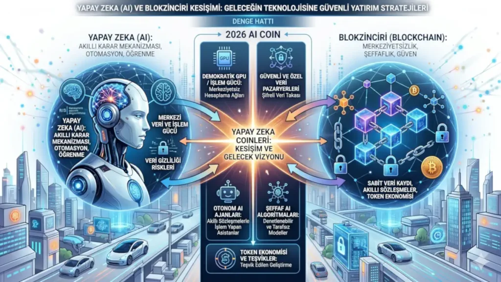 Yapay zeka (AI) ve blokzinciri teknolojilerinin kesişimini, merkeziyetsiz ağları ve 2026 yapay zeka coinleri gelecek vizyonunu gösteren detaylı infografik.