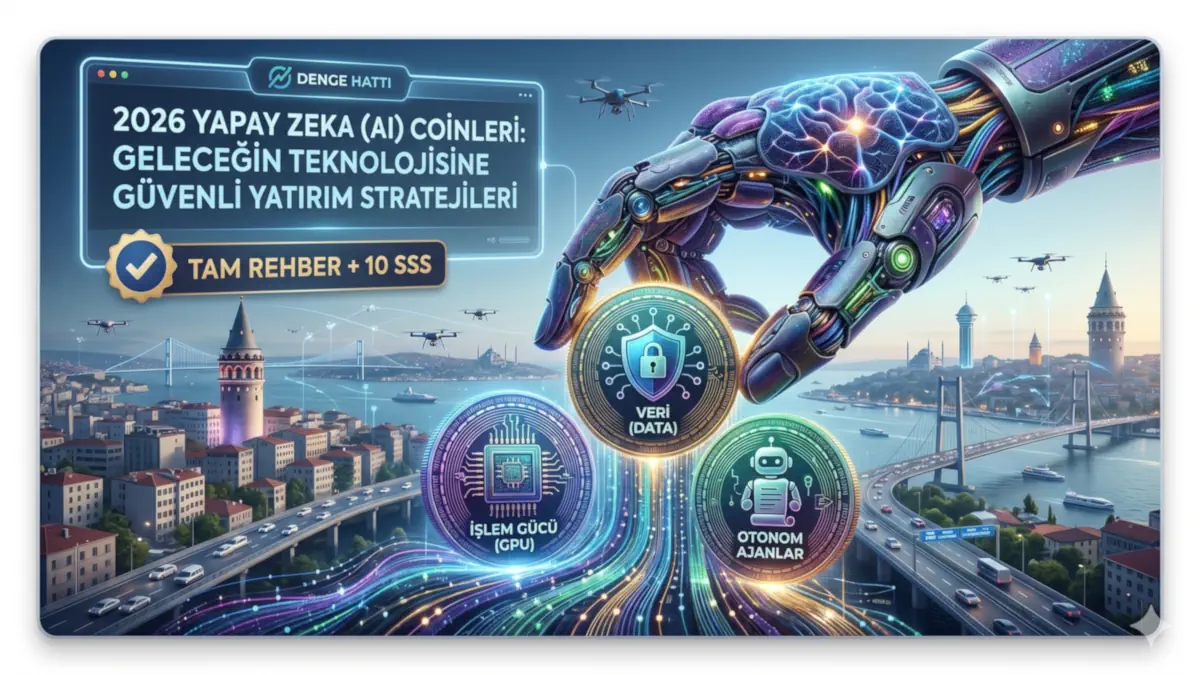 2026 yapay zeka coinleri yatırım rehberi kapak görseli; İstanbul silüeti üzerinde veri, işlem gücü ve otonom ajanları temsil eden dijital kripto paralar.