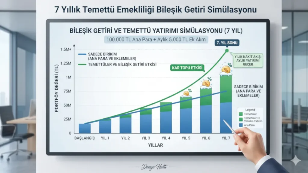 100.000 TL başlangıç sermayesi ve aylık 5.000 TL ek yatırımla 7 yıllık temettü emekliliği bileşik getiri ve kar topu etkisi simülasyon grafiği.