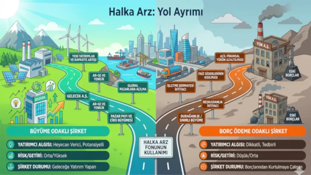 Halka arz gelirlerinin fon kullanım yeri analizi: Büyüme odaklı şirketler ile borç ödeyen şirketlerin yatırımcıya ve hisse değerine etkisini karşılaştıran infografik