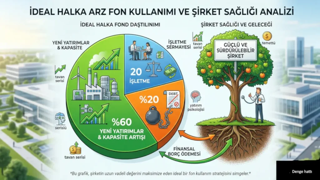 İdeal halka arz fon kullanım yeri pasta grafiği: %60 yeni yatırım ve kapasite artışı, %20 işletme sermayesi, %20 finansal borç ödemesi dağılımıyla şirketin uzun vadeli sağlığını ve borsa performansını gösteren analiz