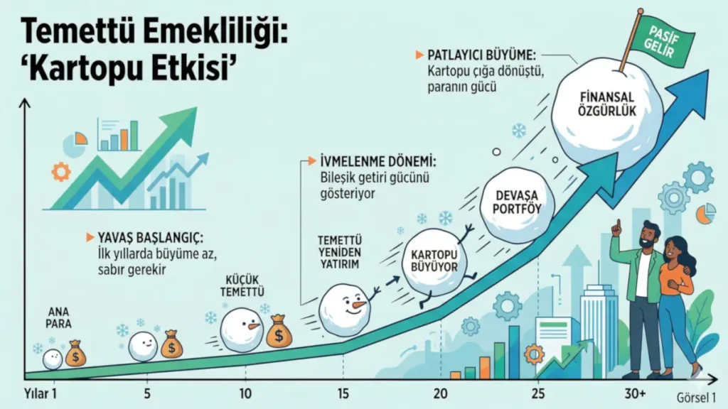 Temettü emekliliğinde bileşik getirinin gücünü ve paranın yıllar içindeki büyümesini gösteren kartopu etkisi grafiği