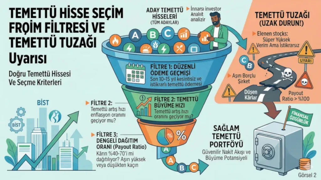 Doğru temettü hissesi nasıl seçilir? Düzenli ödeme geçmişi, temettü büyüme hızı ve dağıtım oranı (payout ratio) kriterlerini gösteren filtreleme hunisi ve temettü tuzağı uyarı grafiği
