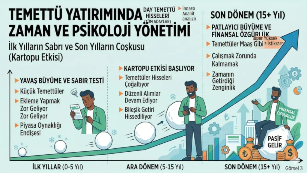 Temettü yatırımında zamanın etkisi ve yatırımcı psikolojisi: İlk yıllardaki yavaş büyüme sabır testinin ardından, ilerleyen yıllarda gelen patlayıcı büyüme ve pasif gelir grafiği