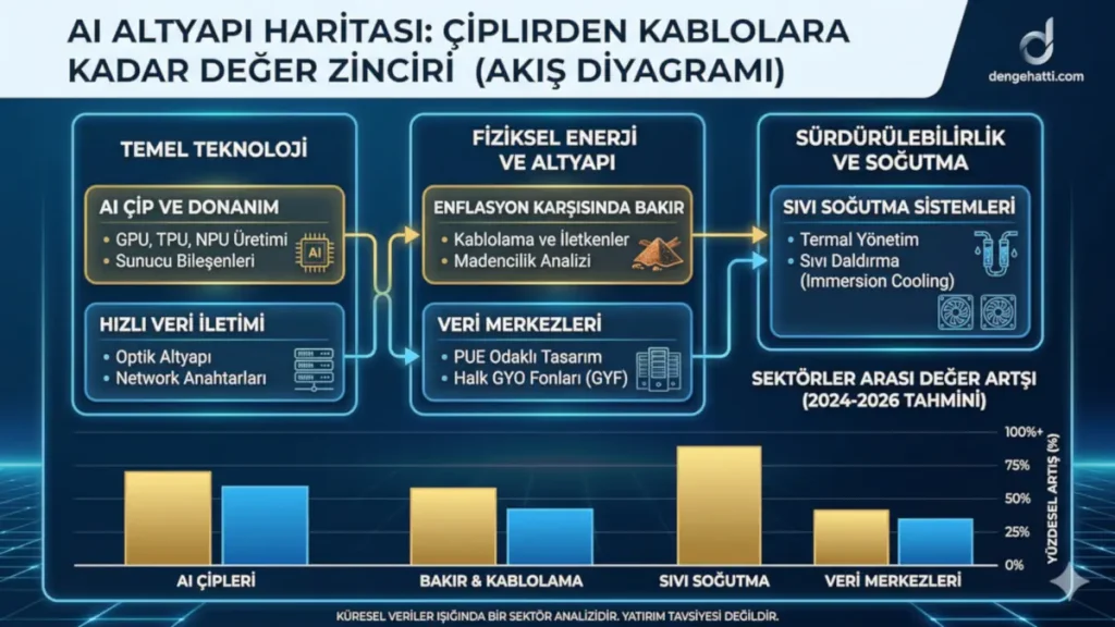 AI Altyapı Haritası: Çiplerden kablolara kadar değer zinciri ve bakır madenciliği analizi grafik akış diyagramı