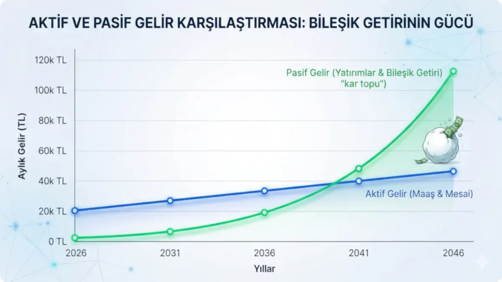 Aktif maaş geliri ile yatırımlardan elde edilen pasif gelirin yıllara göre büyümesini ve bileşik getirinin kar topu etkisini gösteren karşılaştırmalı çizgi grafik