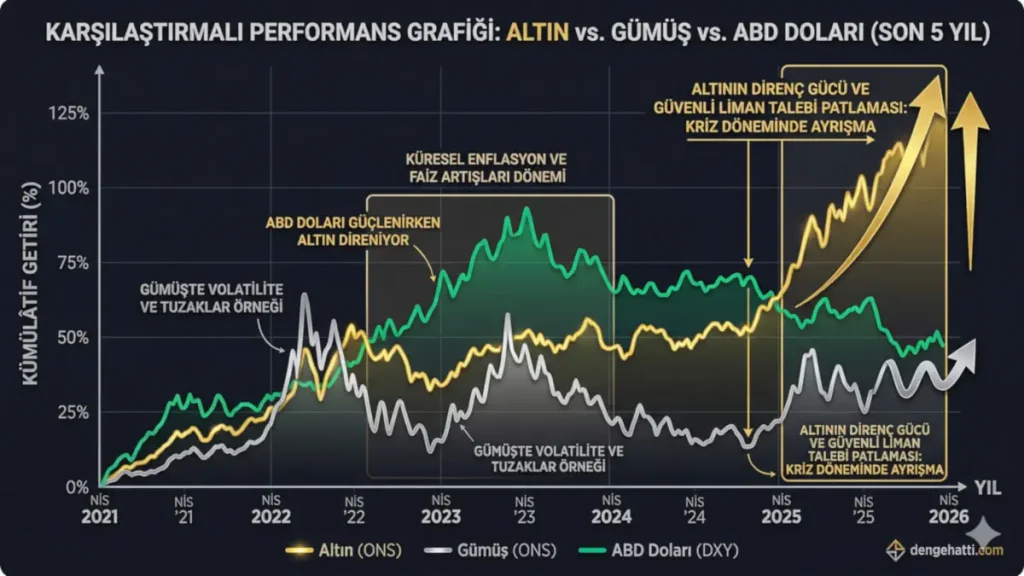Altın, gümüş ve ABD dolarının son 5 yıllık kümülatif getiri performansını karşılaştıran analiz grafiği. Kriz dönemlerinde altının güvenli liman direnci ve ayrışması