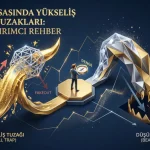 Altın yükseliş ve düşüş tuzakları rehberi için özel tasarlanmış, piyasadaki boğa (bull) ve ayı (bear) tuzaklarını temsil eden 3D analiz ve yatırımcı görseli